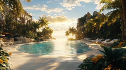 Serene resort pool reflects sunlight near ocean with palm trees and sky behind