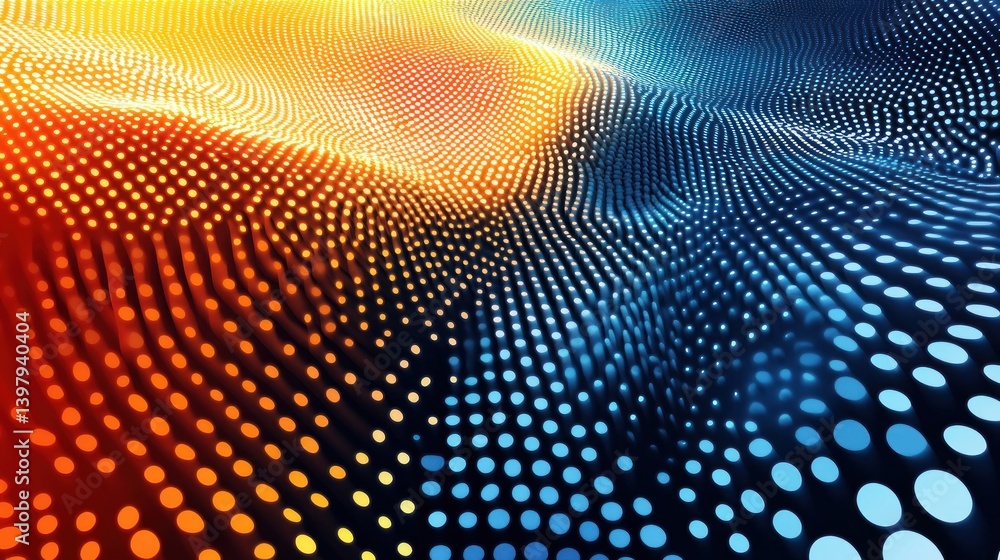 Poster gradient network pattern a vibrant background with flowing dots shifting from warm red and orange hu