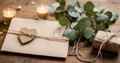 eco-friendly Valentine’s gift set recycled paper wrapping, reusable fabric ribbon, and a handmade note on kraft paper, all placed on a wooden surface with eucalyptus leaves, natural window lighting, e
