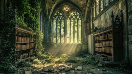 abandoned library with tall bookshelves filled with dusty books.