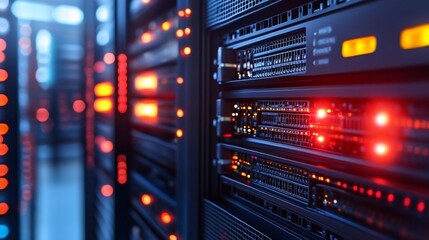 Fototapeta premium Servers Operate in Data Center, Lit by Red and Orange Lights Against Dark Background