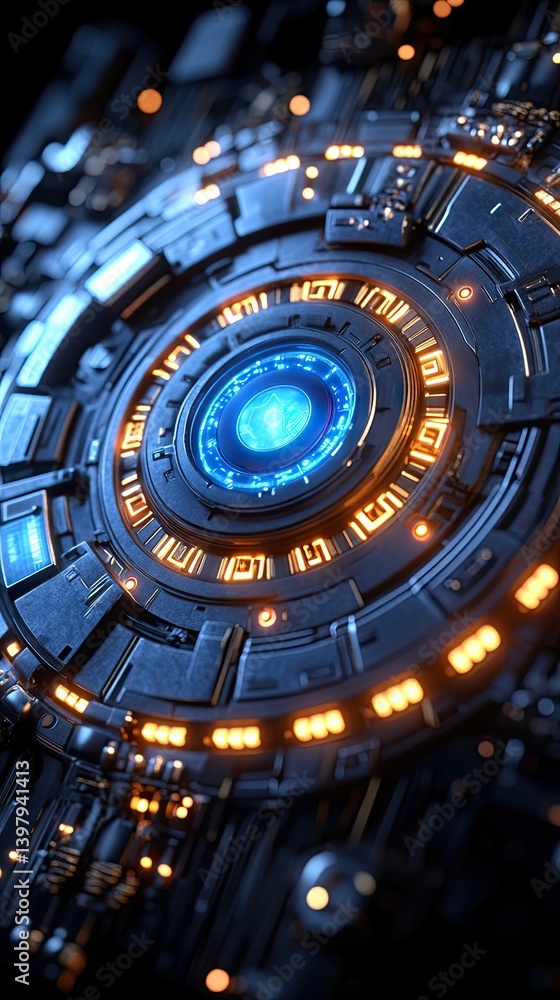 Poster intricate, detailed machine core. complex mechanisms with glowing blue center and circuit patterns