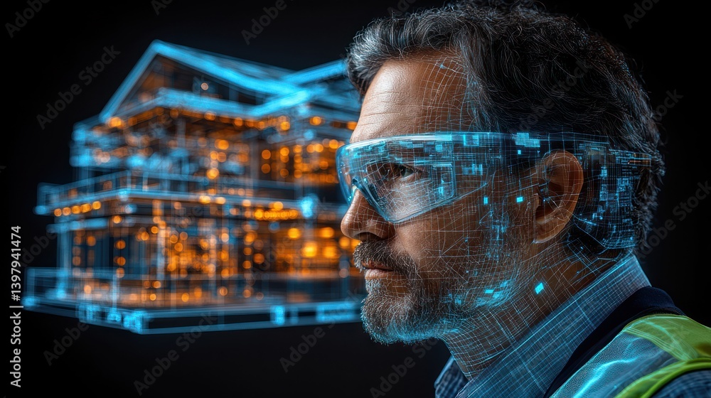 Poster architect designing a house with augmented reality