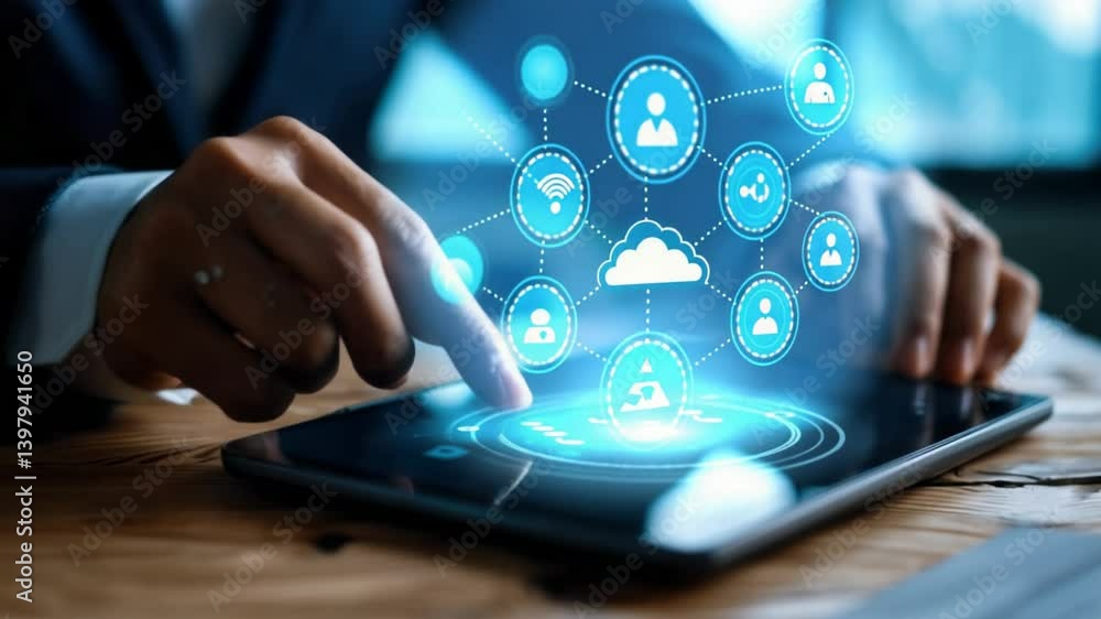 Poster interacting with digital interface on tablet showcasing cloud connectivity and technology concepts