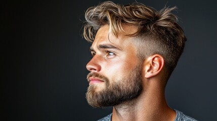 Obraz premium Side view portrait of a confident, bearded man with a stylish hairstyle, looking on copyspace.