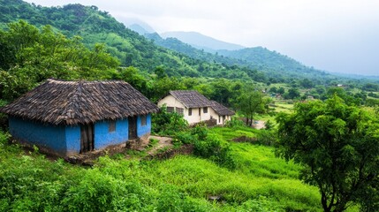 Fototapeta premium Serene Village in Green Hills