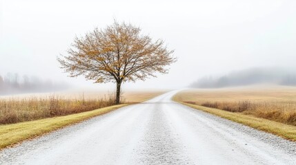 Fototapeta premium Misty autumnal country road with solitary tree