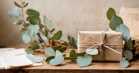 eco-friendly Valentine’s gift set recycled paper wrapping, reusable fabric ribbon, and a handmade note on kraft paper, all placed on a wooden surface with eucalyptus leaves, natural window lighting, e