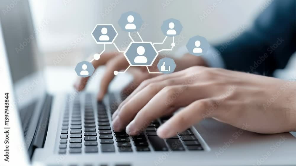 Aufkleber hands typing on laptop with digital network icons and connection concept