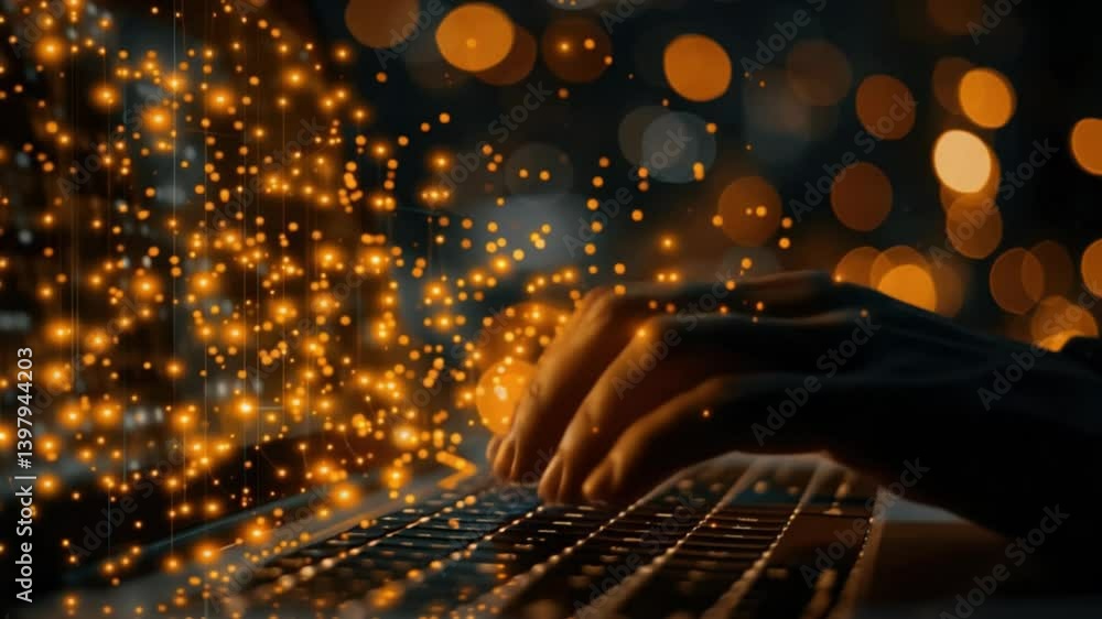 Poster hands typing with glowing particles in background highlighting digital creativity