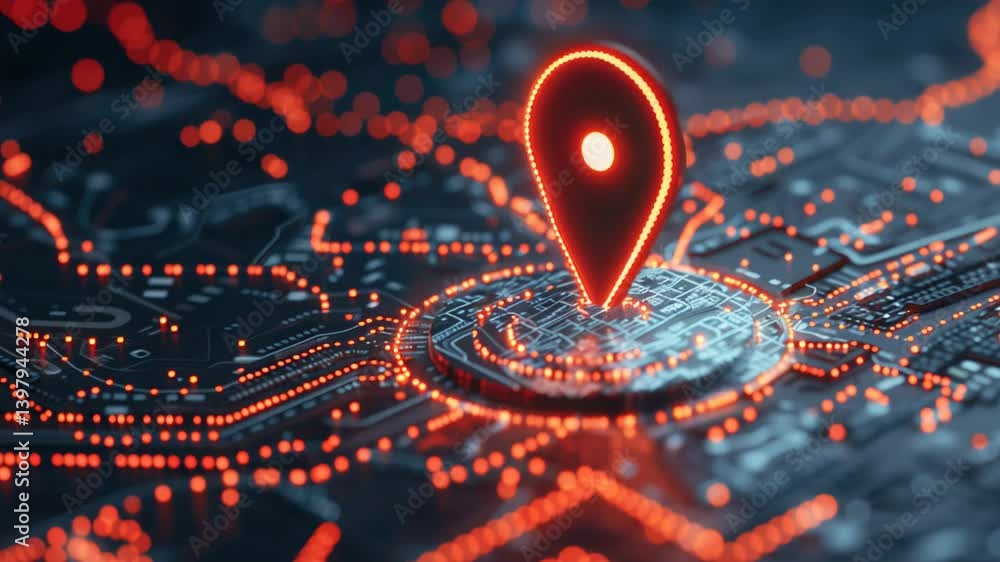 Aufkleber glowing digital navigation marker on circuit board map in futuristic technology concept