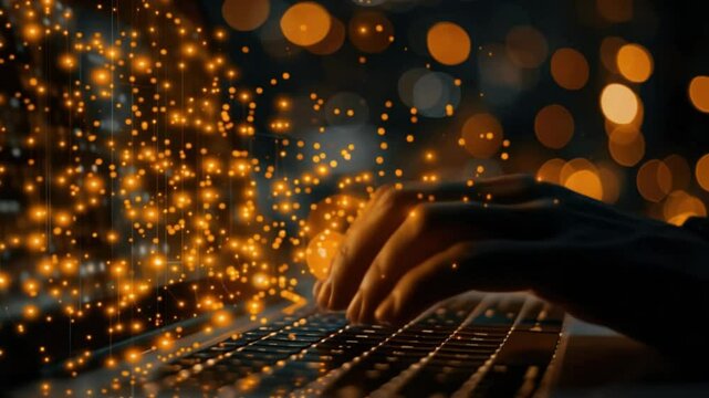 Hands typing with glowing particles in background highlighting digital creativity