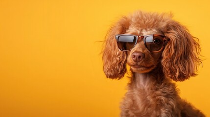 An adorable poodle confidently dons sunglasses against a bright yellow backdrop, showcasing a fun combination of playfulness and style in a vibrant and energetic atmosphere.