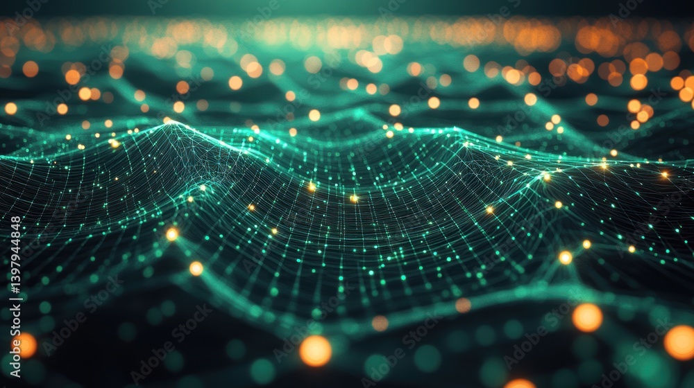 Poster abstract visualization depicting data streams with luminous nodes forming undulating network pattern