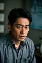 Obraz premium arafed asian man in a gray shirt looking at the camera