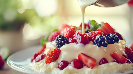 Delicious pavlova with fresh berries kitchen food photography bright atmosphere close-up culinary art