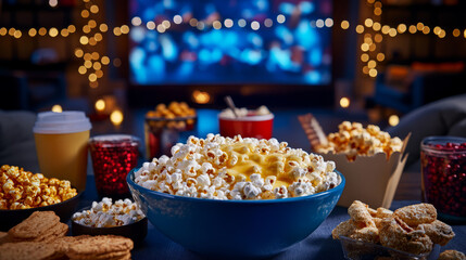 Movie night snacks home theater food scene cozy atmosphere close-up family fun