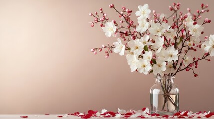 A beautiful arrangement of cherry blossom branches in a glass vase presents an elegant and serene floral display, perfect for spring-themed decorations and celebrations.