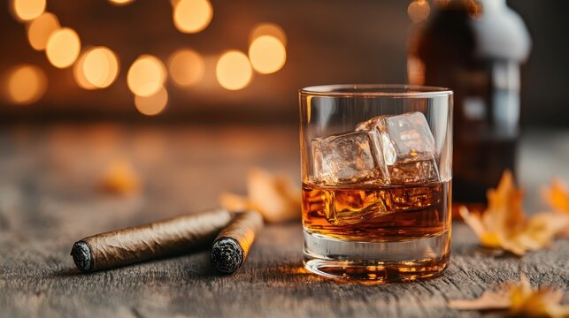 A glass of whiskey with ice and cigars set among autumn leaves, beautifully highlighted by bokeh lights, captures the essence of warmth and celebration during fall evenings.