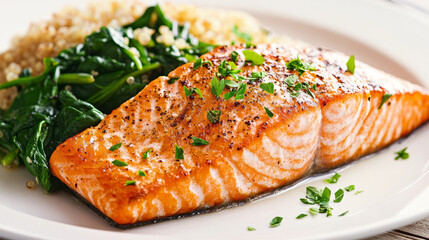 Grilled salmon with quinoa and spinach gourmet kitchen food photography bright setting close-up healthy eating concept