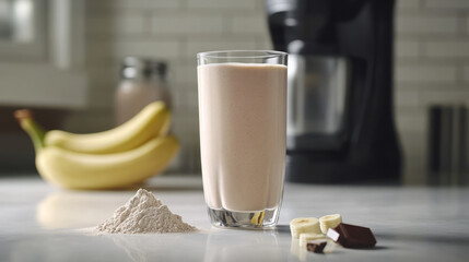 Delicious banana chocolate protein shake recipe kitchen food photography home setting close-up healthy living
