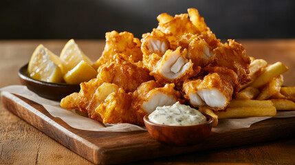 Delicious fish and chips feast coastal restaurant food photography warm atmosphere close-up view culinary delight