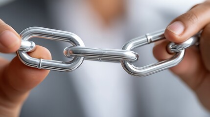 Obraz premium Close-Up View of Metallic Links Held by Hands Symbolizing Connection and Bonding in Business Environment
