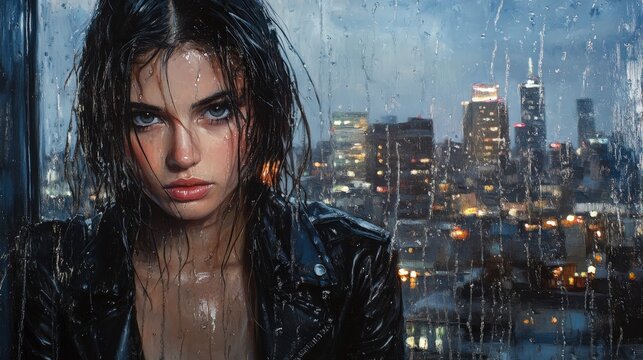 Rain-slicked hair, leather jacket, and a vibrant cityscape glow&mdash;a captivating portrait of urban allure