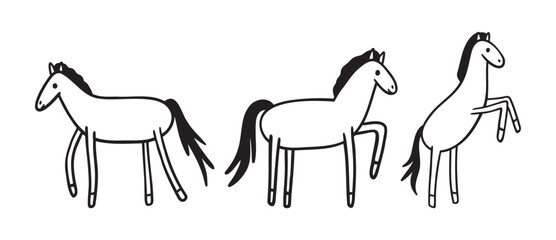 Cute horse for kids doodle hand drawn icon set. Outline drawing horse line clipart symbol collection