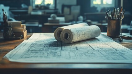 Close up of blueprint rolls on a wooden desk with drafting tools nearby.