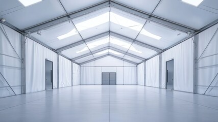 Bright empty industrial space with white walls, flooring, metal framework.