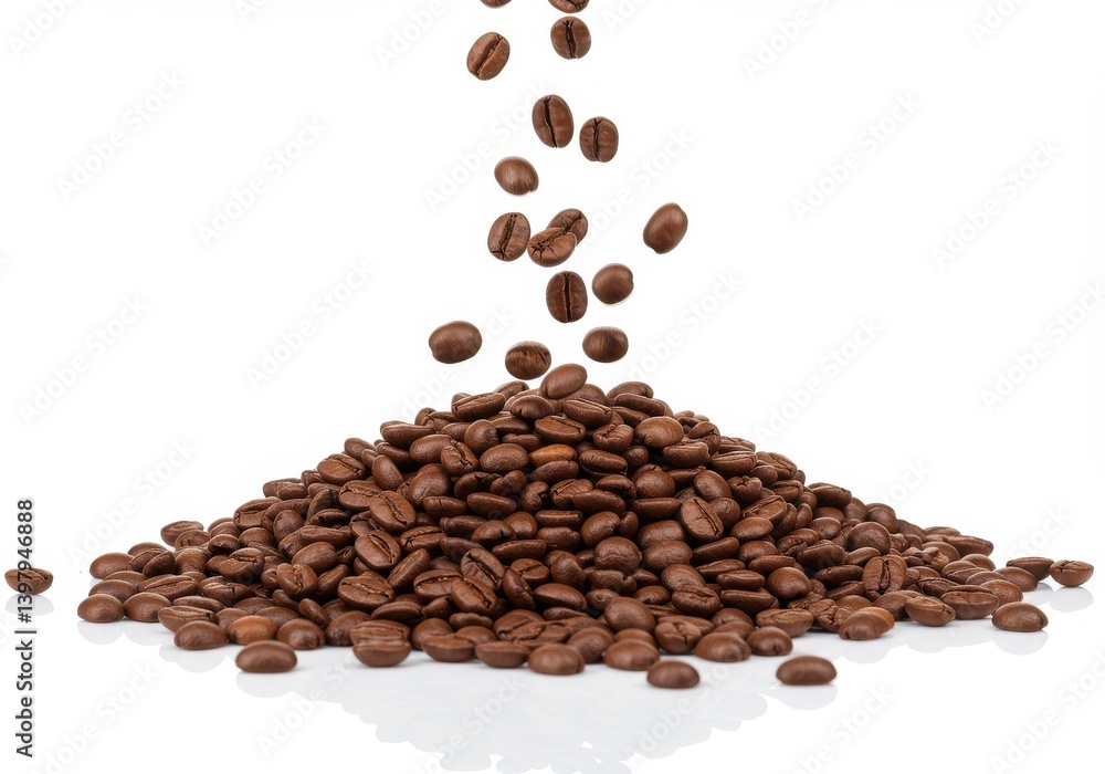 Aufkleber falling coffee beans creating a pile on a white surface with a reflective surface beneath them