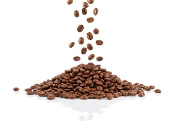 Coffee beans falling onto a pile against a white background in a studio shot creating a nice scene