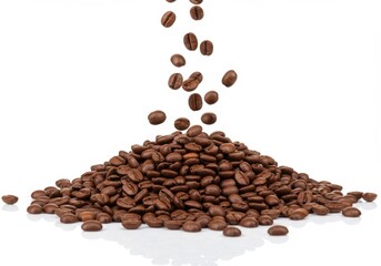 Falling coffee beans creating a pile on a white surface with a reflective surface beneath them