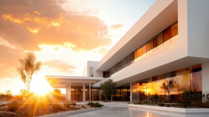 A sleek, contemporary building showcases clean lines and glass facades, harmoniously blending architecture with the breathtaking colors of the sunset backdrop.