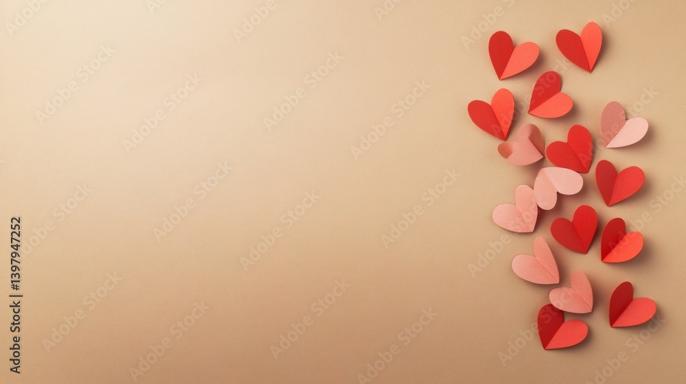 Poster red and pink paper hearts are creating a vertical border on a beige background, offering a minimalis
