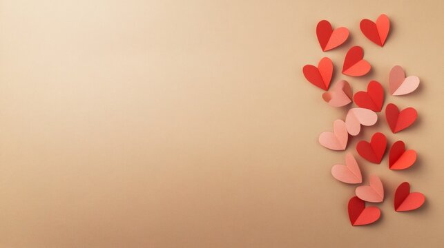 Red and pink paper hearts are creating a vertical border on a beige background, offering a minimalist yet expressive backdrop perfect for mother's day celebrations and conveying heartfelt affection