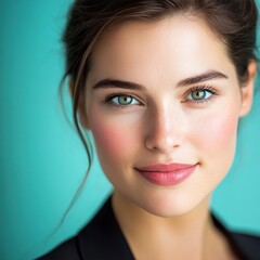 Naklejka premium Close-up portrait of a smiling young woman with beautiful green eyes and natural makeup against a teal background.