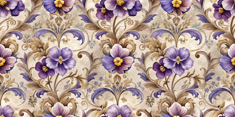Intricate floral pattern featuring purple flowers on a textured background.