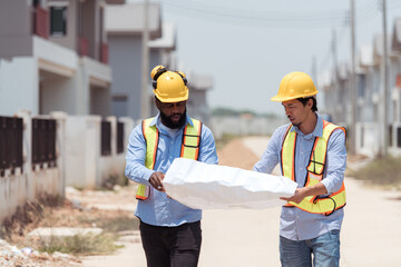 Architects and engineers work together to assess the residential home construction site's progress