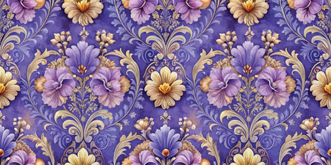 Elegant floral pattern with purple and gold details, perfect for home decor.
