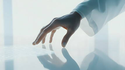Close-up of a hand in a white sleeve gently hovering over a sleek, transparent surface, suggesting futuristic technology or innovative interaction.