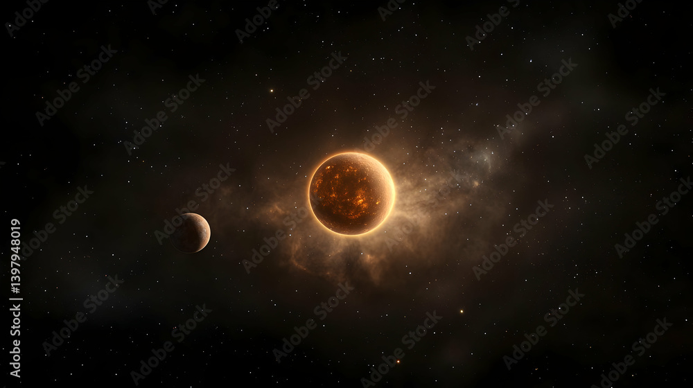 Poster fiery planet in deep space