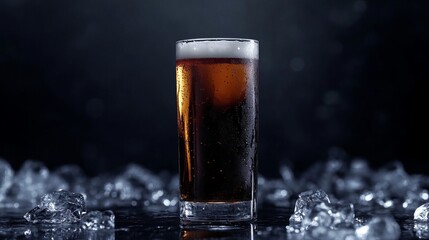 Refreshing Dark Brown Beer Glass Icy Cold Drink Beverage Sparkling Bubbles Ice Cubes Studio Shot Professional Photography Dark Background pub bar wet 