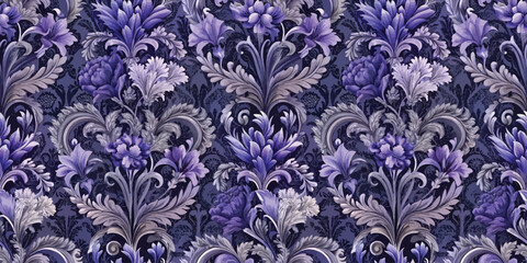 Elegant floral pattern in shades of purple and gray on a dark background.