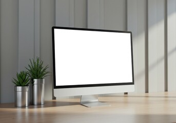 Fototapeta premium A computer with a blank white screen sits on a wooden desk next to two potted succulent plants