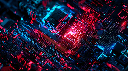 Obraz premium Abstract Close Up View Of Futuristic Circuit Board With Glowing Red And Blue Lights