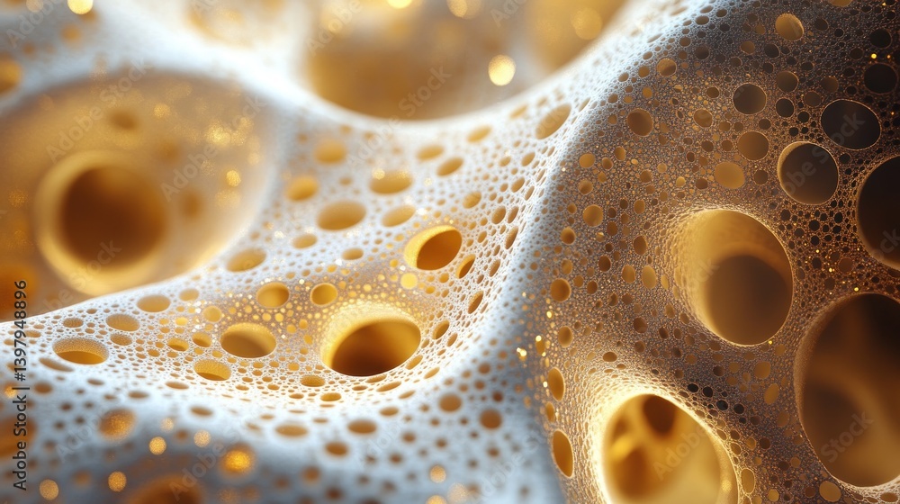 Poster an abstract porous structure with golden hues showcases an intricate network of interconnected cavit