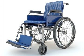 Fototapeta premium A vibrant blue wheelchair sits on a white surface, shiny and new, promising mobility and support