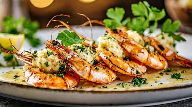 Grilled shrimps glistening with garlic parsley butter, plated attractively for appetizing seafood presentation.